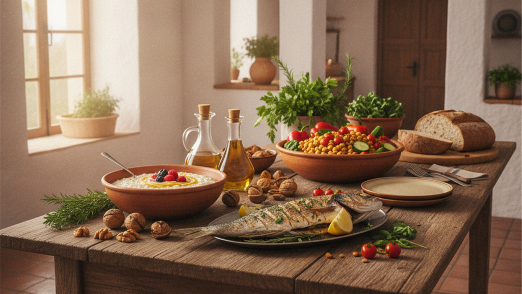 colesterol alimentacion mesa mediterranea con avena aceite de oliva nueces y pescado
