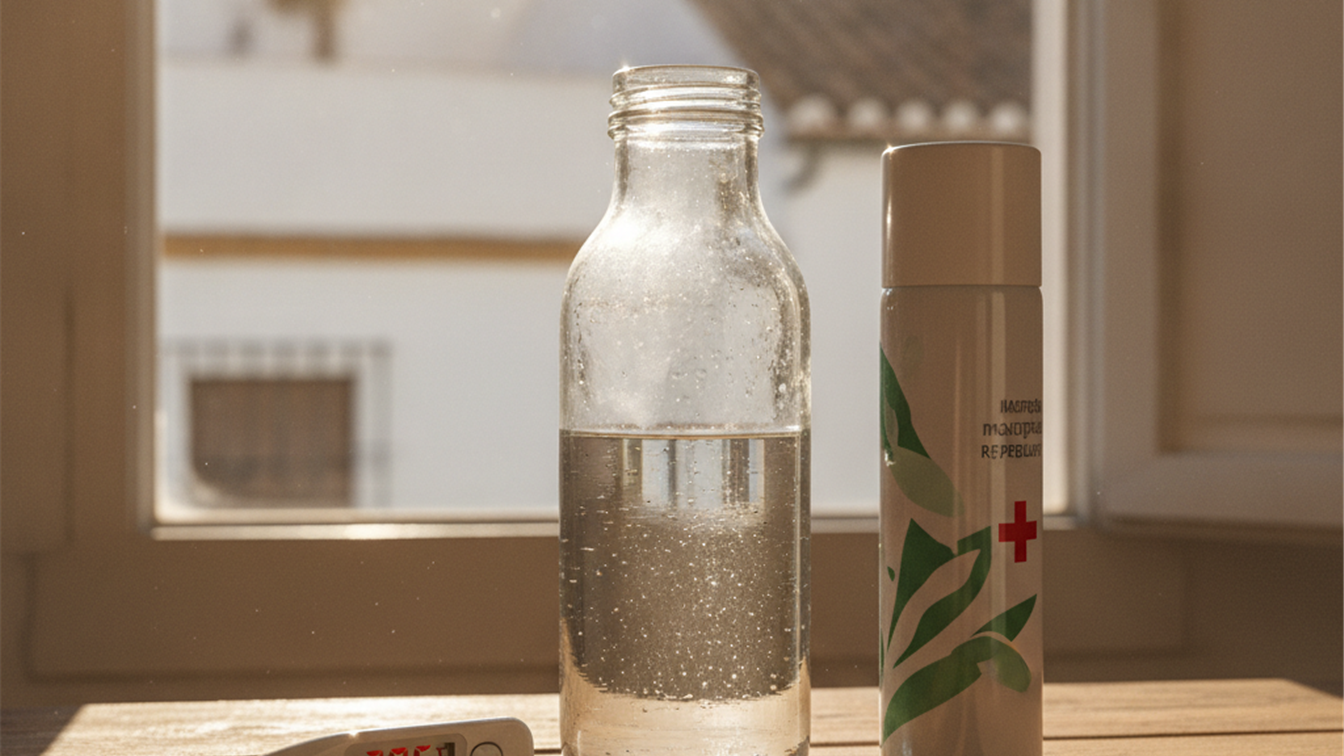 Botella de agua, termómetro y repelente de mosquitos sobre una mesa