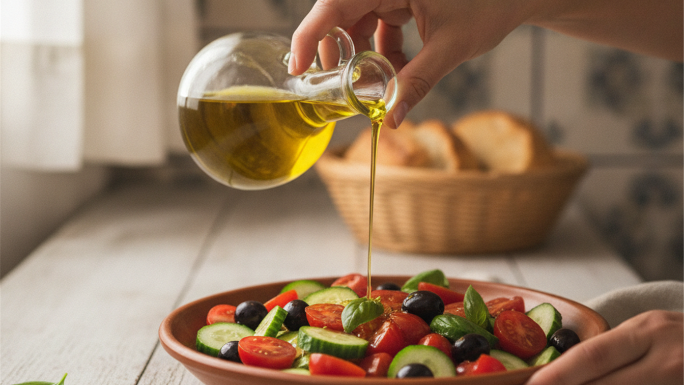 aceite de oliva virgen extra sobre ensalada mediterranea