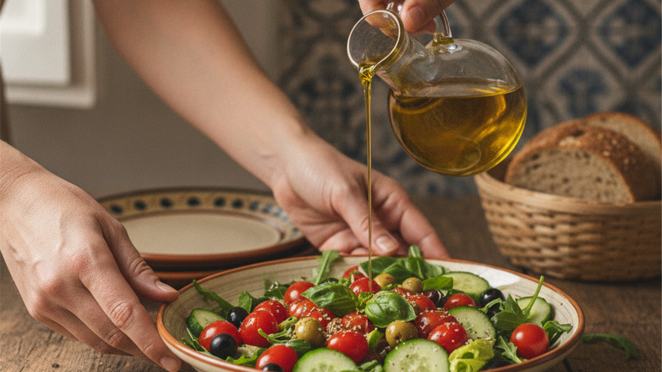 Manos preparando una ensalada mediterranea saludable para el corazon