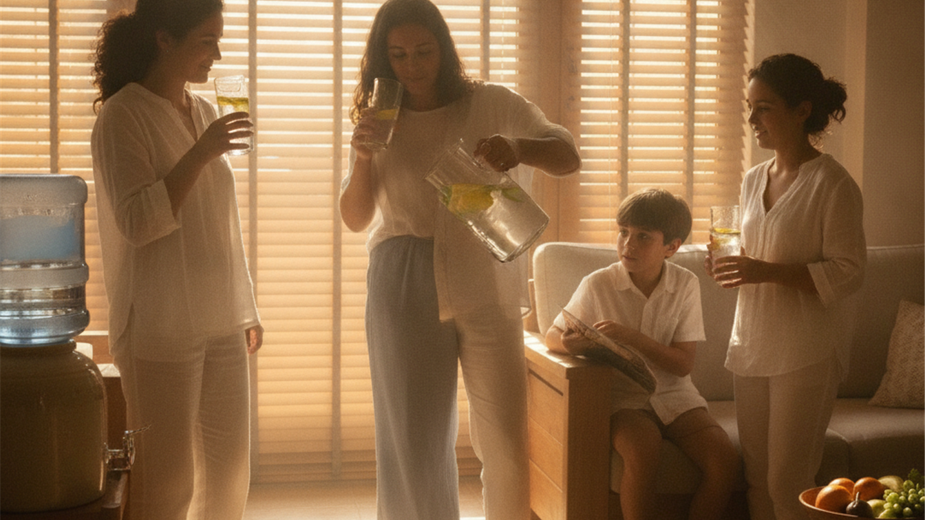 Familia espanola hidratandose en casa durante una ola de calor