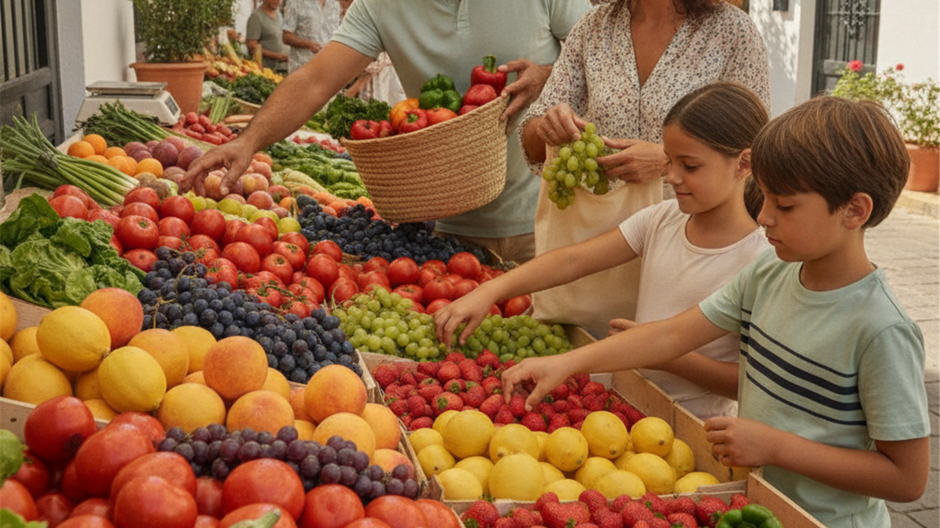 Familia comprando frutas y verduras frescas en un mercado