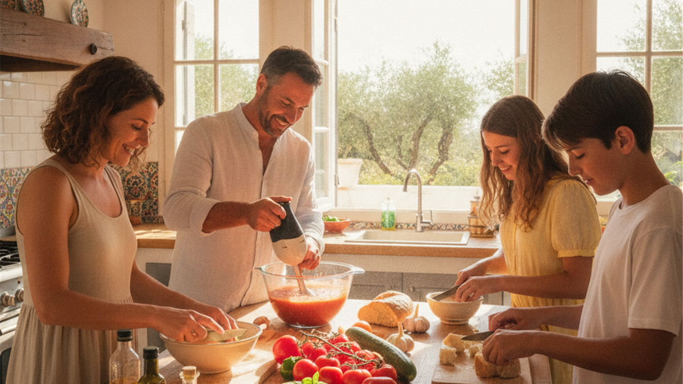 Familia preparando salmorejo y gazpacho en una cocina luminosa