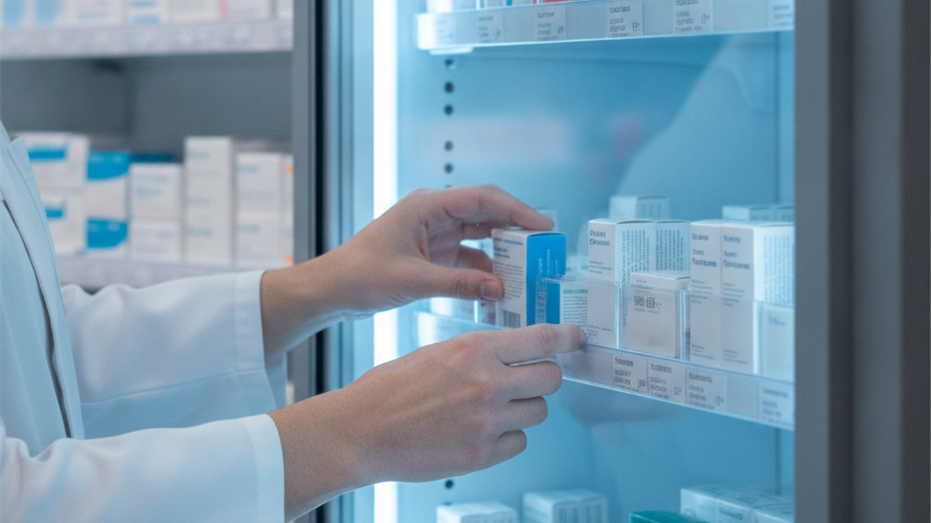Farmacéutico organizando medicamentos en una nevera