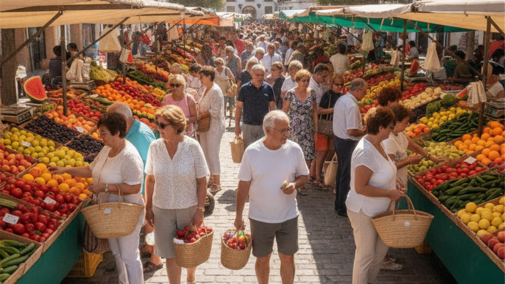 Mercado de frutas y verduras al aire libre en verano en Espana
