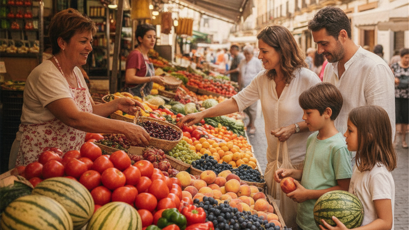 Familia comprando frutas y verduras frescas en un mercado de verano