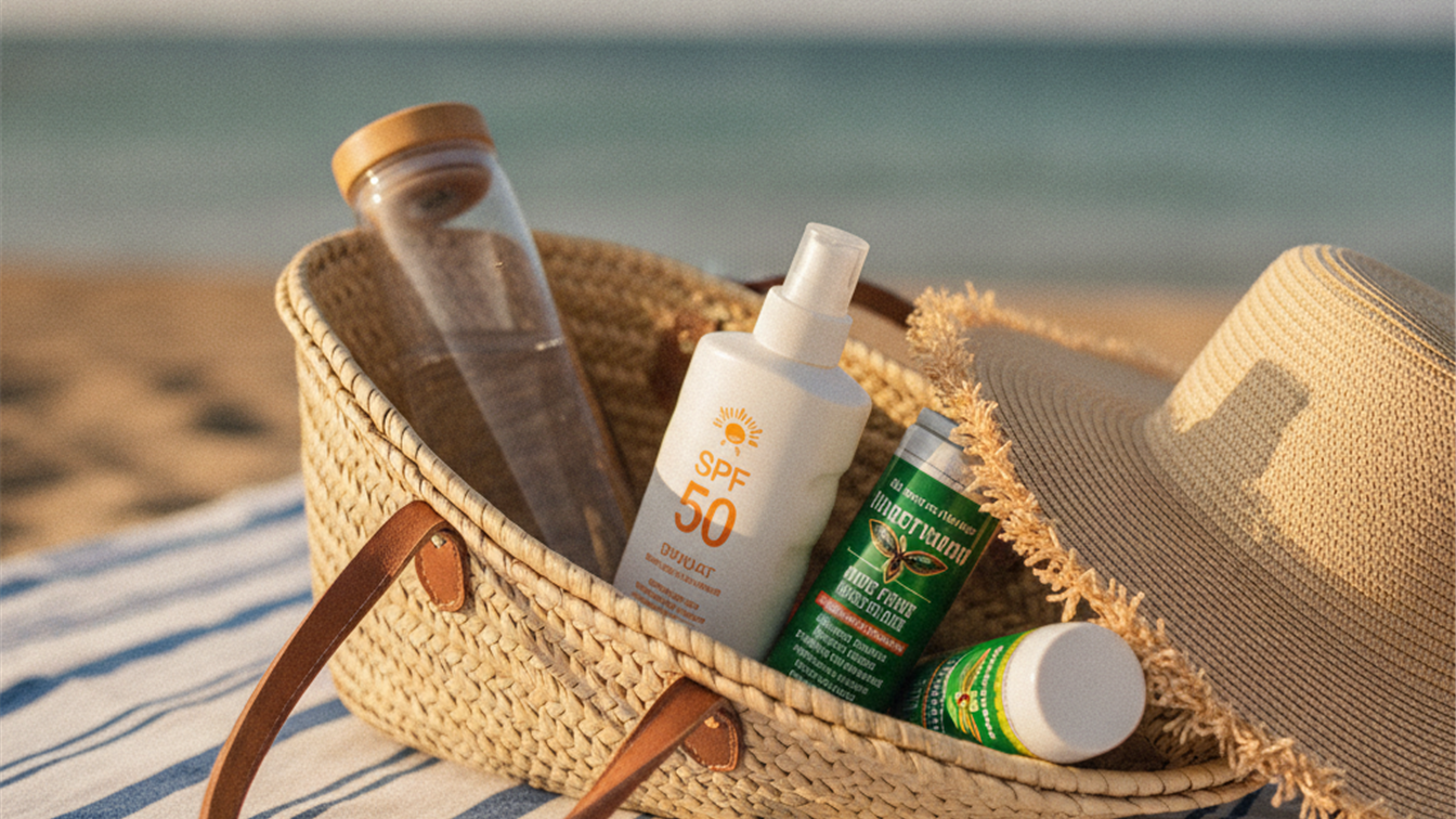 Bolsa de playa con proteccion solar repelente y sombrero de verano