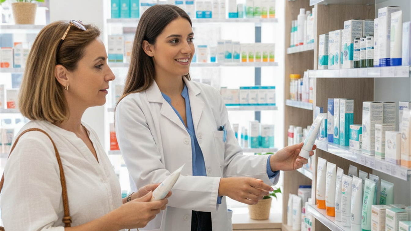 Farmaceutica atendiendo a cliente sobre proteccion solar y repelente
