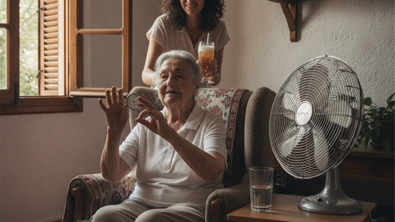 Persona mayor protegida del calor en casa con ventilador y agua