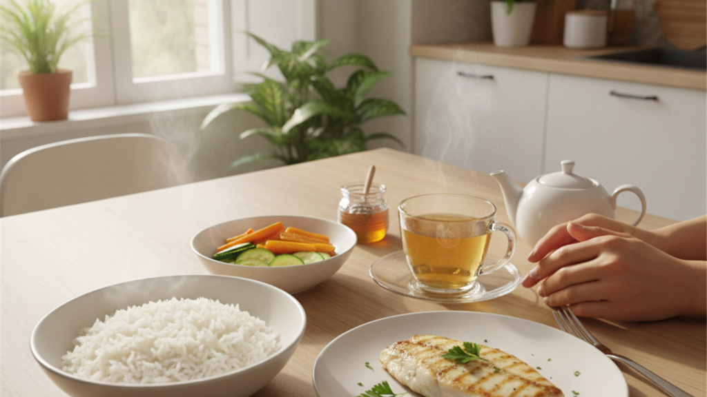 salud digestiva mesa desayuno suave con te y pescado