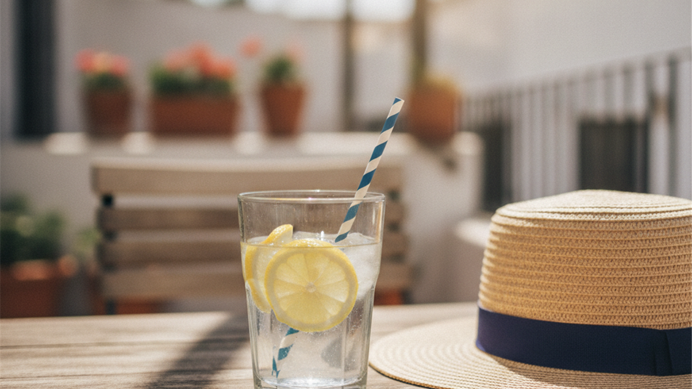 Vaso de agua con limon en una terraza de verano en Espana