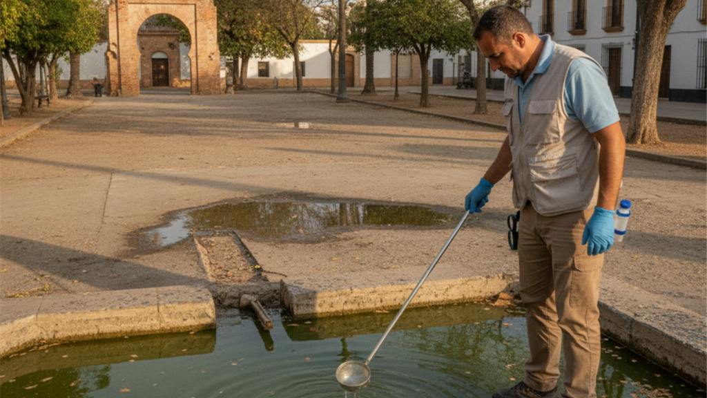 Tecnico de control de vectores revisando una fuente de agua en un parque de Espana