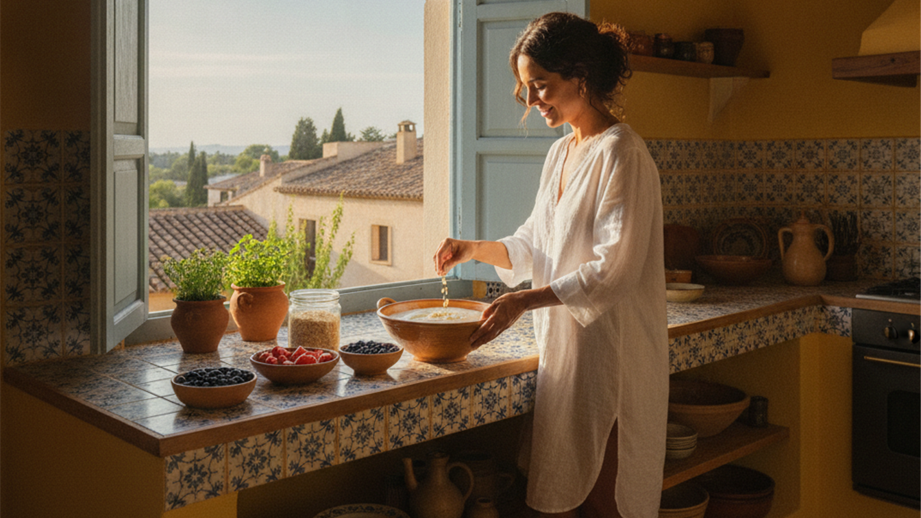mujer preparando desayuno con yogur y fruta en cocina