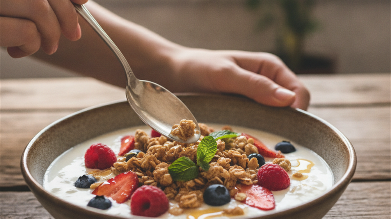 manos sosteniendo cuchara sobre bol de kefir con granola