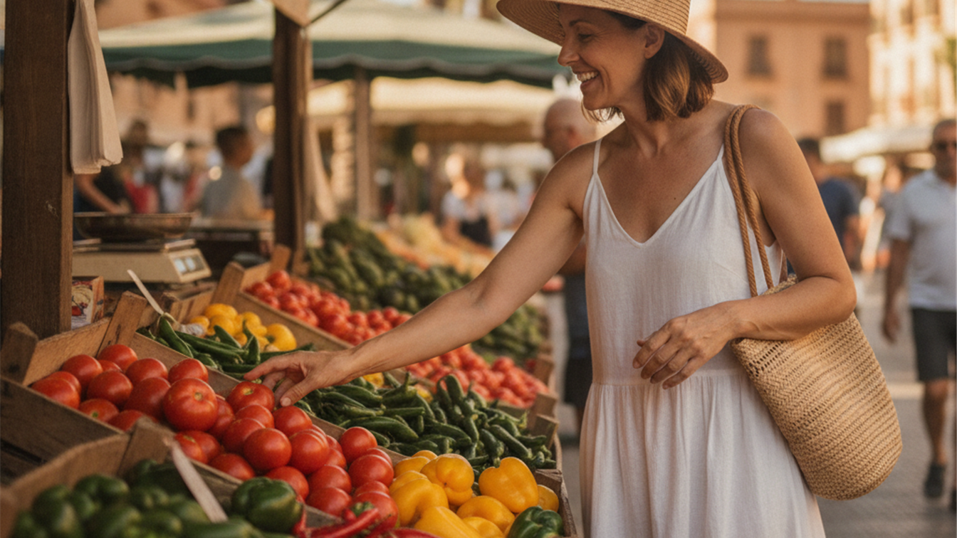 alimentos de temporada agosto mujer comprando tomates y pimientos en mercado