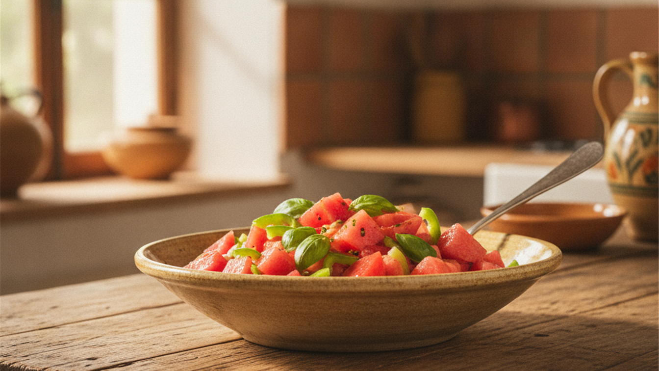 alimentos de temporada agosto ensalada fresca de verano con tomate y sandia