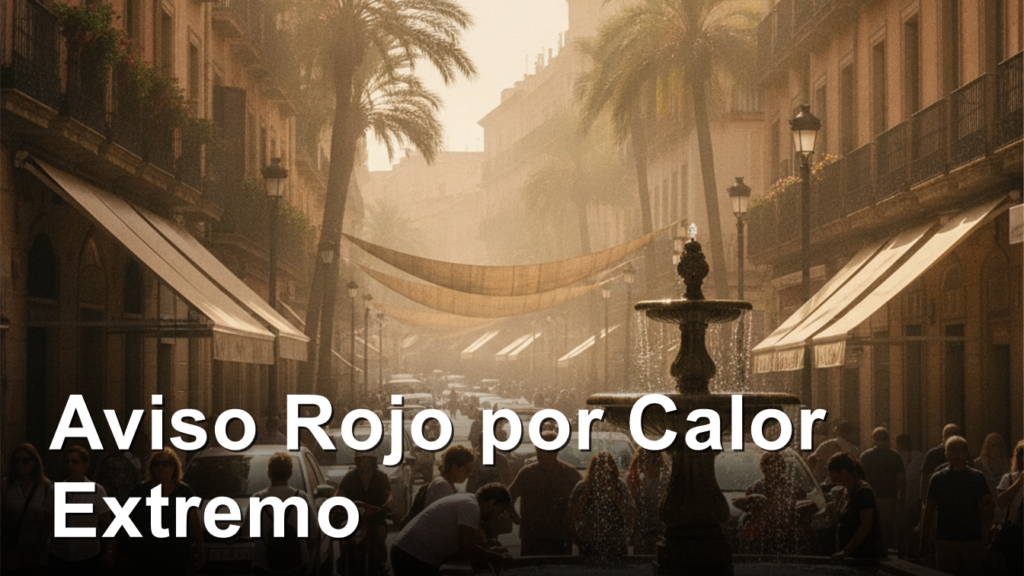Aviso rojo por calor extremo en una calle espanola con fuente publica