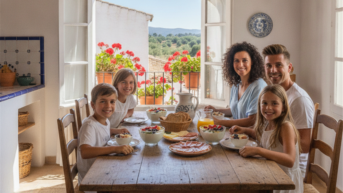 familia disfrutando desayuno saludable de verano