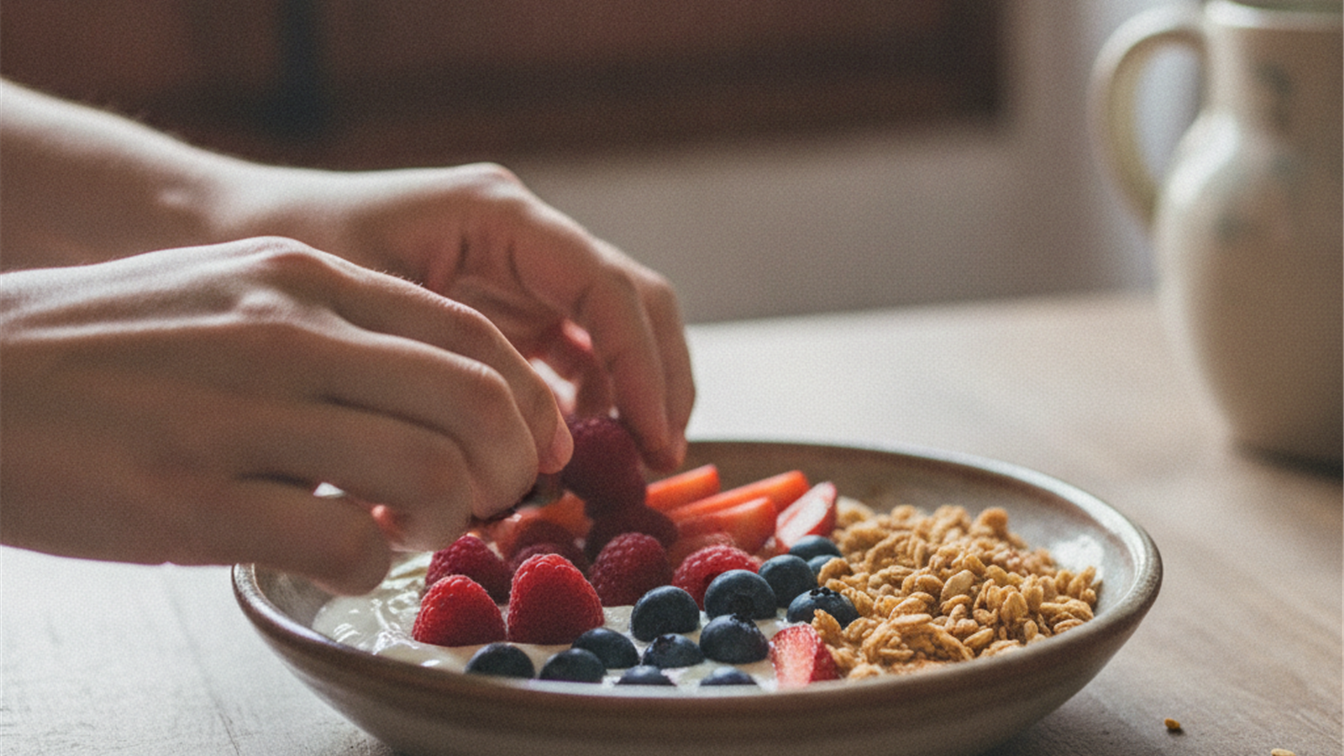 manos preparando bol de yogur con fruta fresca y granola