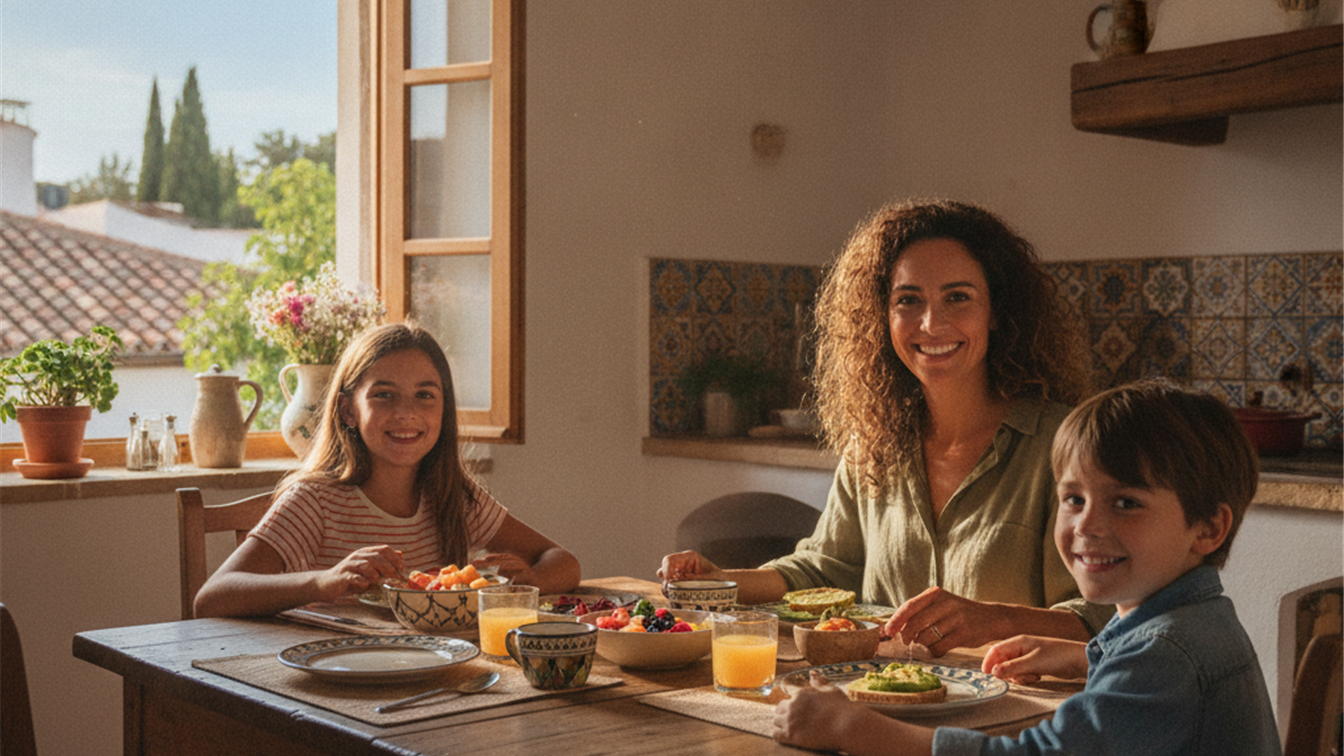 familia desayunando sano antes del colegio
