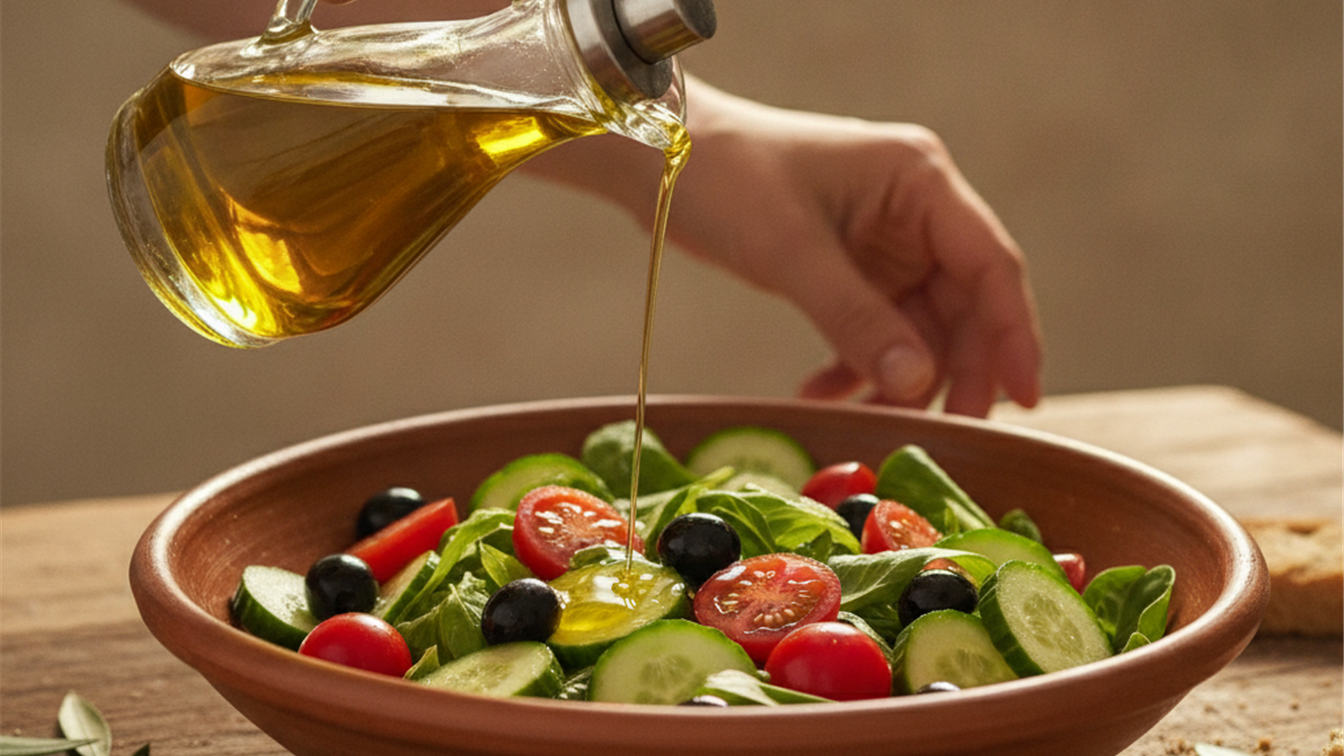 aceite de oliva sobre ensalada mediterranea