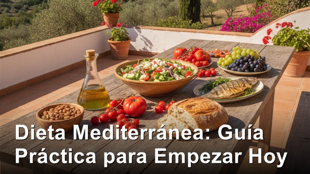 dieta mediterranea mesa con ensalada pescado y aceite de oliva