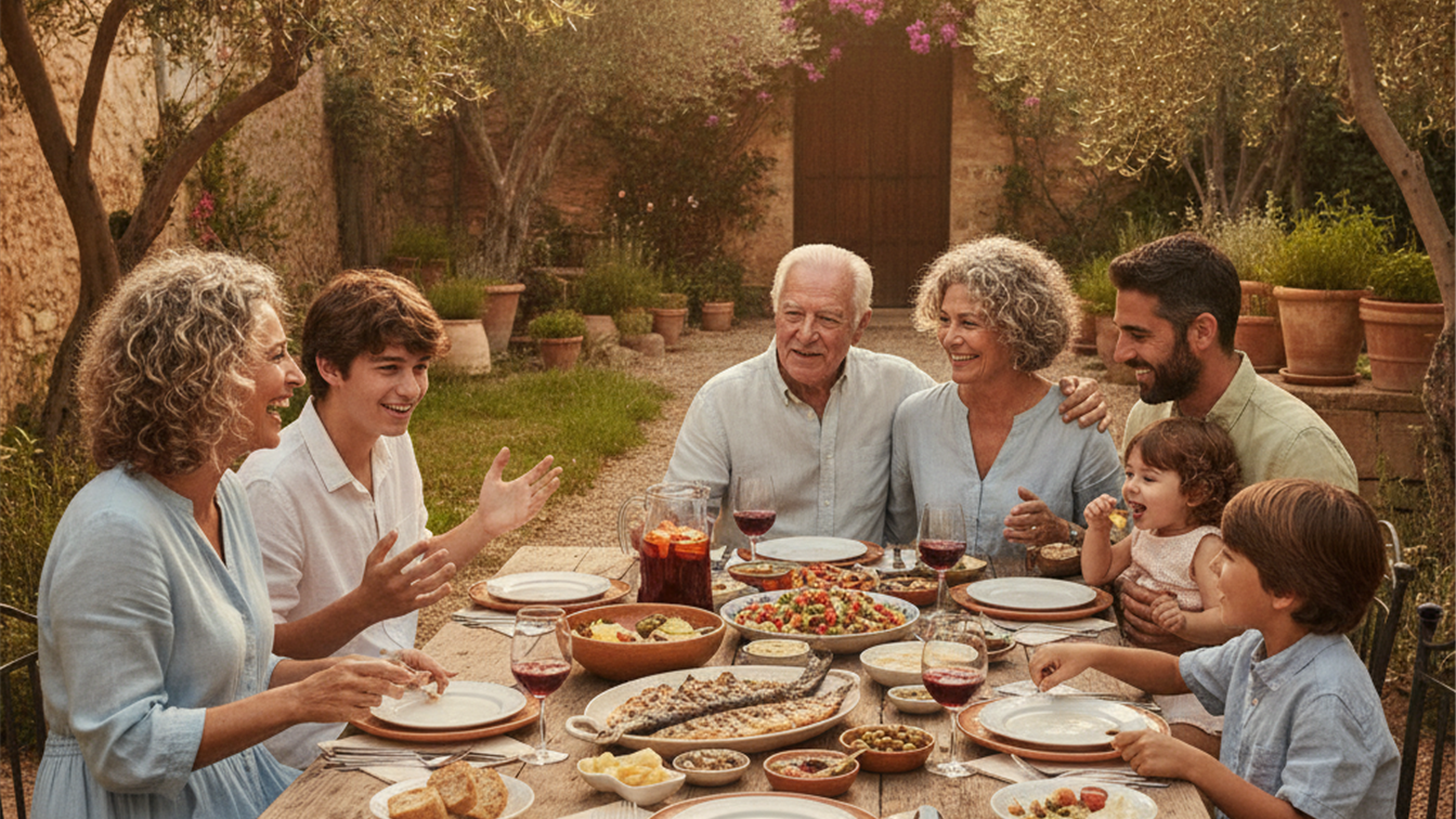 familia comiendo juntos dieta mediterranea al aire libre