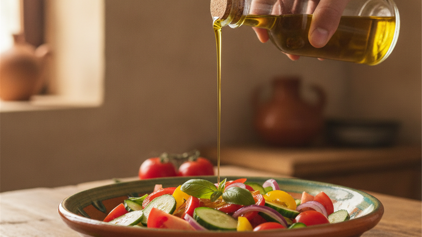 manos vertiendo aceite de oliva sobre ensalada fresca