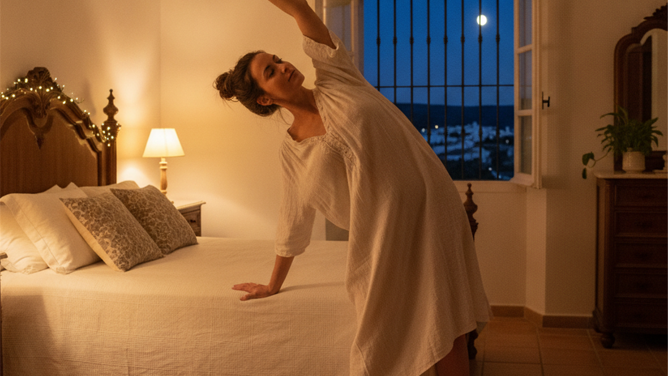 mujer preparandose para dormir con rutina de sueno saludable