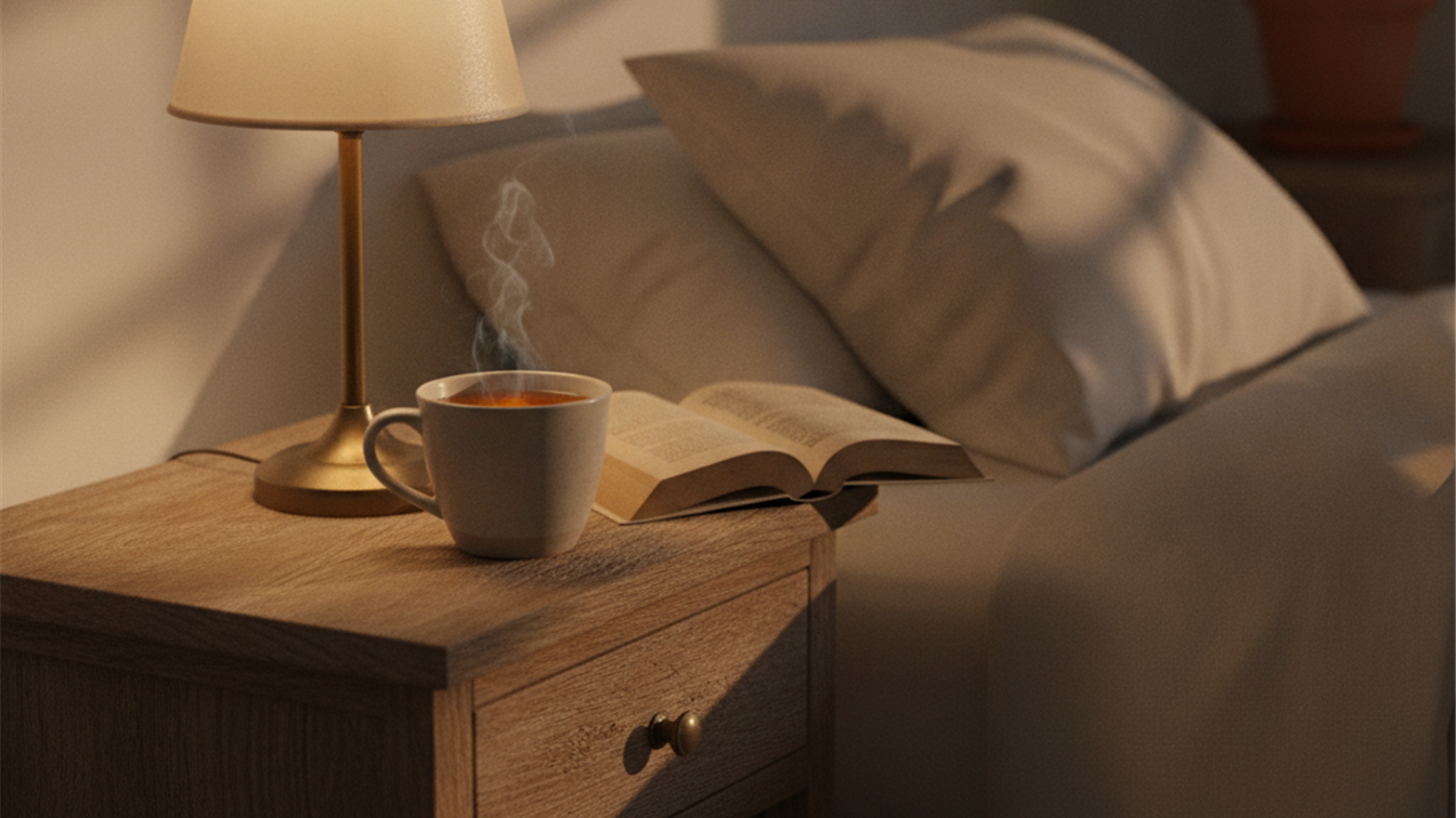 mesita de noche con te infusion y libro para rutina de sueno