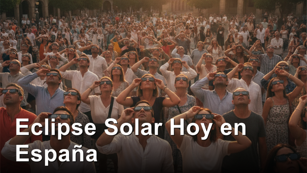 Multitud viendo el eclipse solar con gafas homologadas en Espana