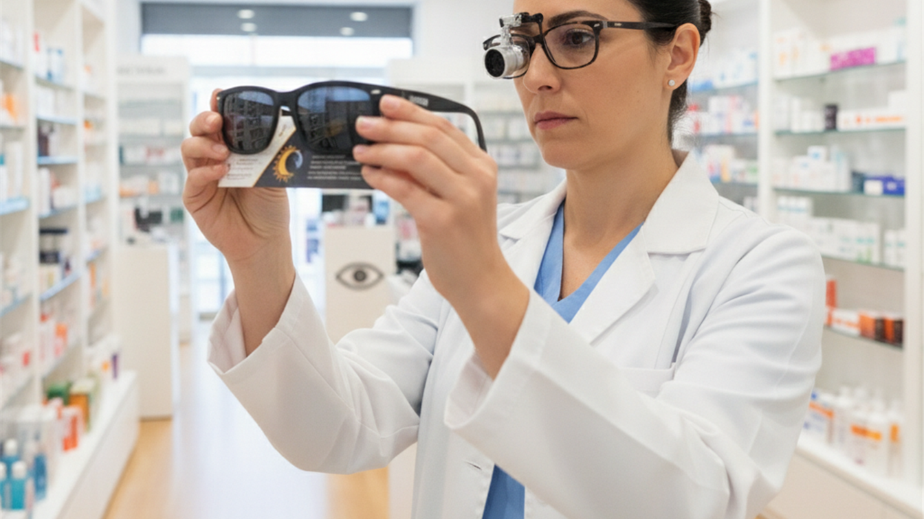 Optica revisando la certificacion de unas gafas para el eclipse solar