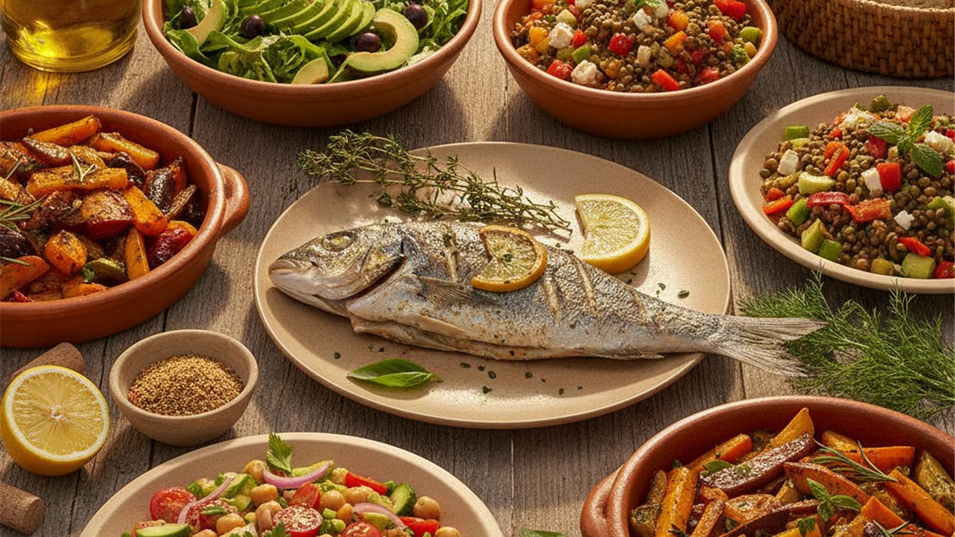 Mesa mediterranea con pescado, legumbres y verduras frescas