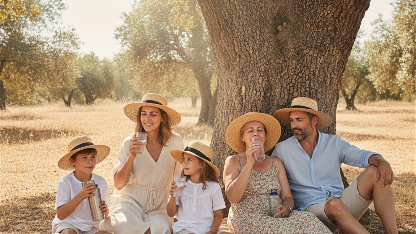 Familia hidratandose durante la ola de calor en verano