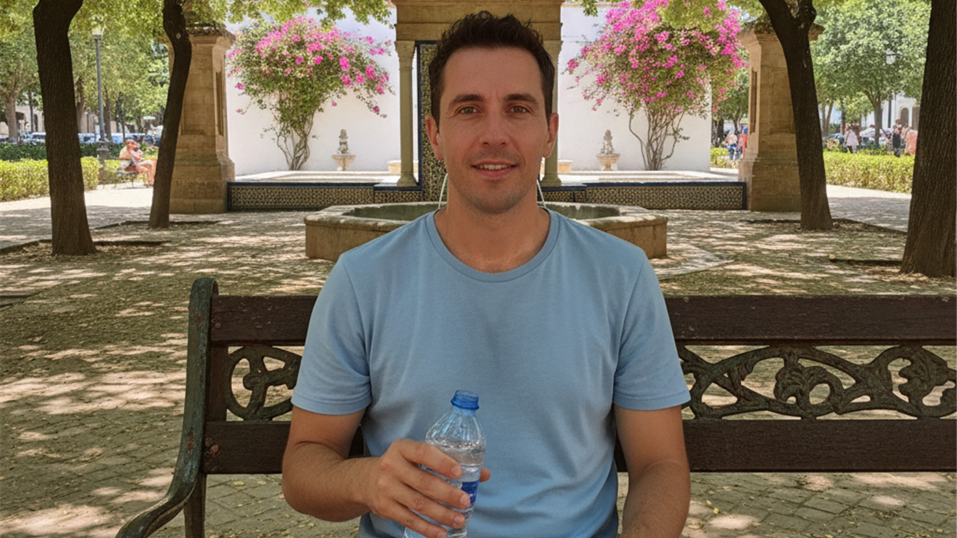 Botella de agua y toalla junto a un banco de parque