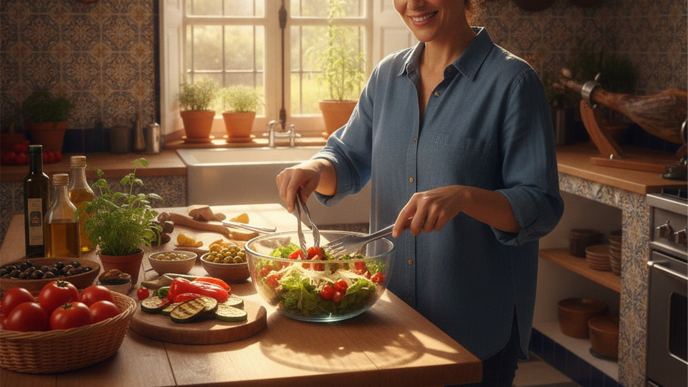 mujer preparando ensalada completa saludable en cocina