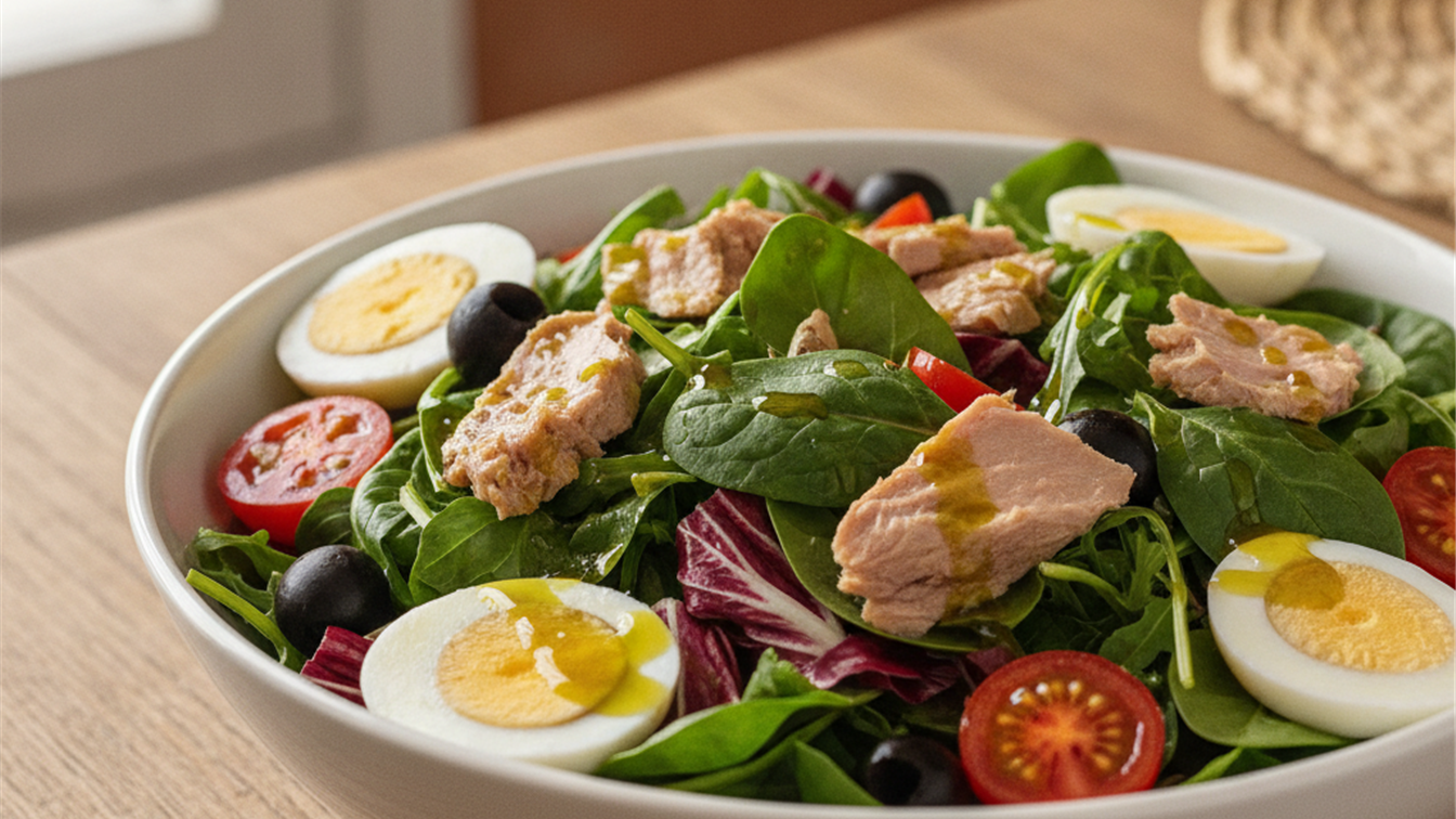 ensalada saludable con huevo atun tomate y aceite de oliva