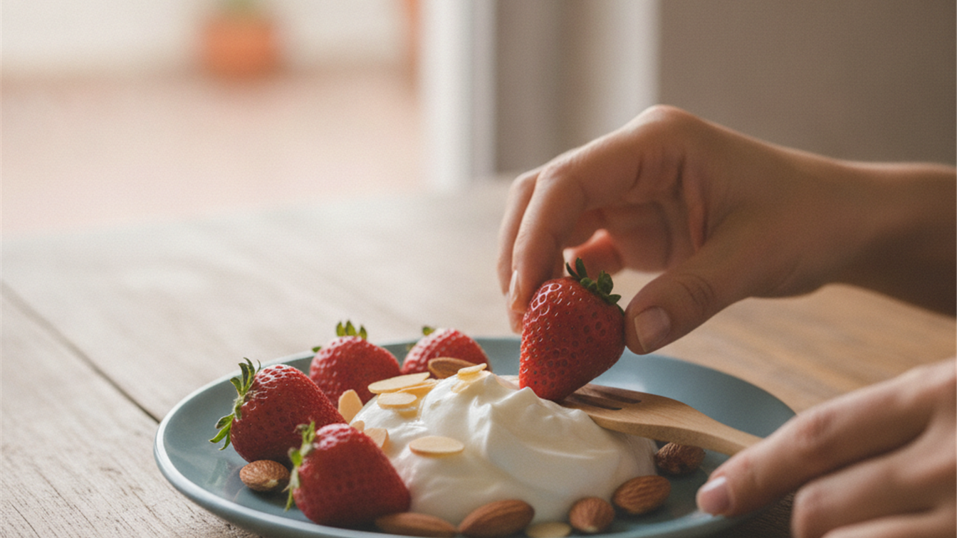 fresas y almendras con yogur natural sin azucar