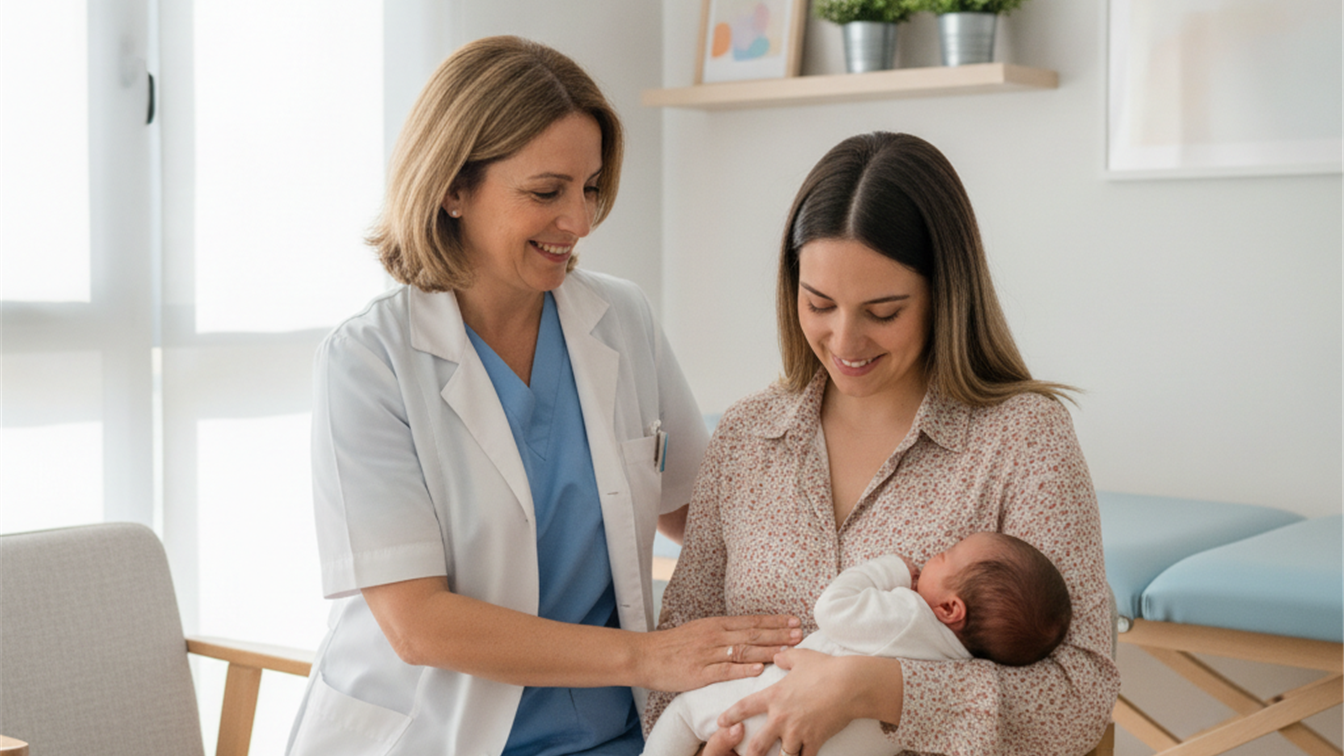 Enfermera atendiendo a una madre y su bebe en consulta de salud materno infantil