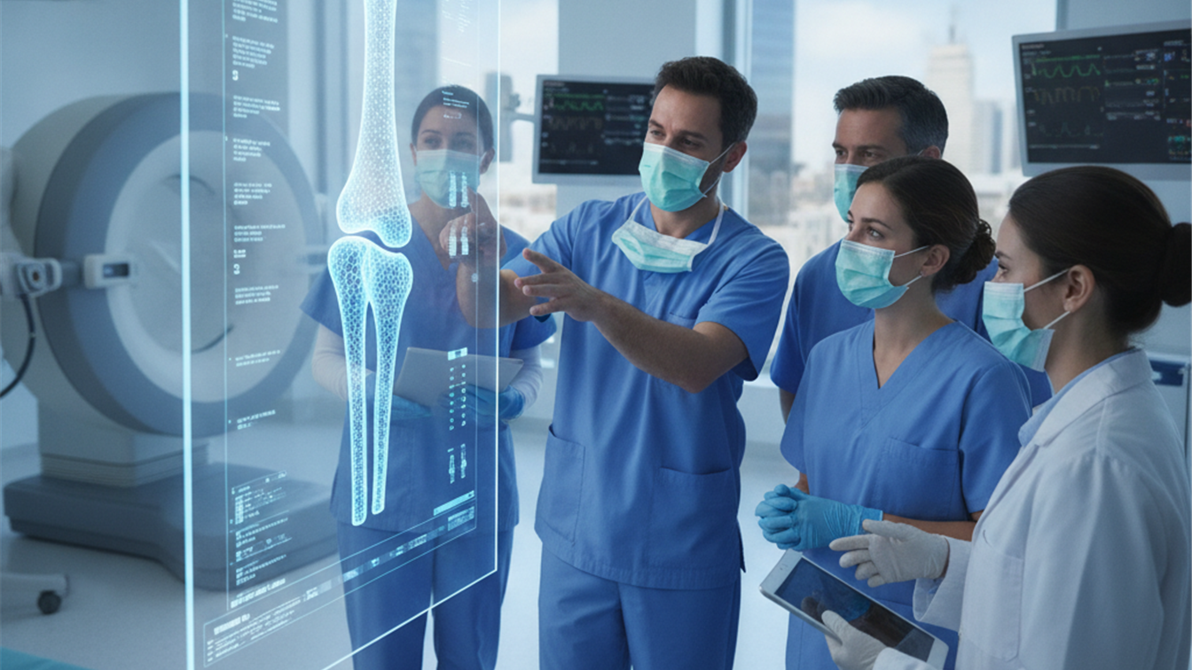 Equipo medico examinando una protesis osea de titanio impresa en 3D