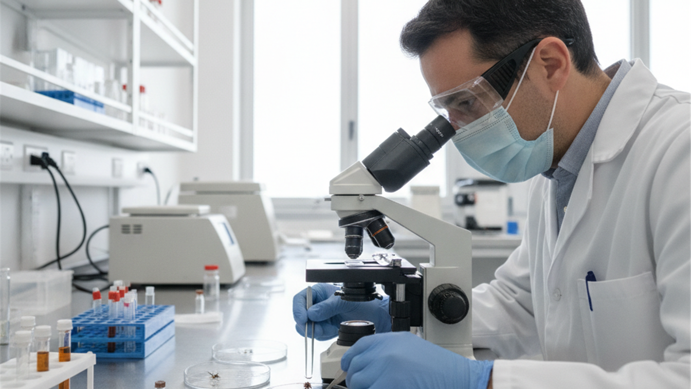 Tecnico de laboratorio examinando muestras de garrapatas y mosquitos