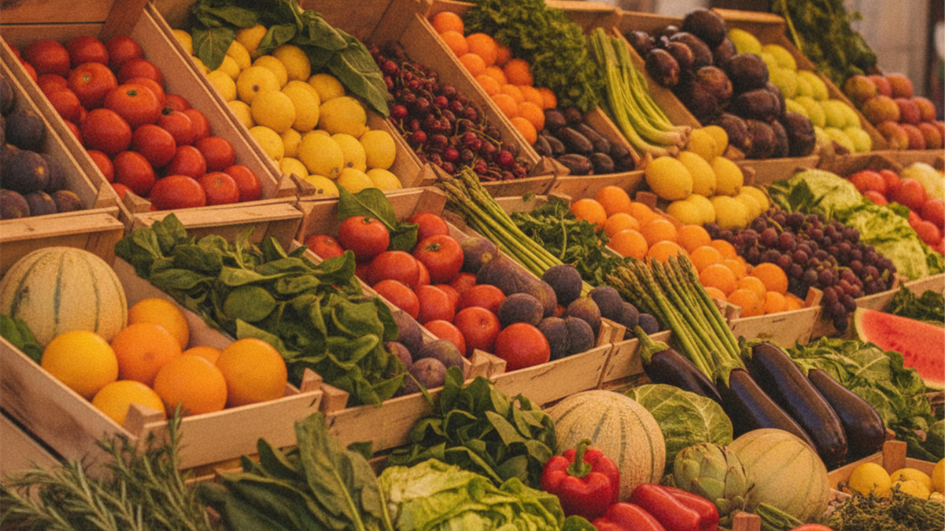 Mercado de frutas y verduras frescas de temporada en Espana