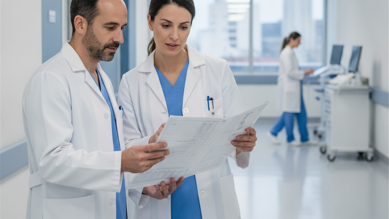 Medico y enfermera revisando un informe clinico en un pasillo de hospital