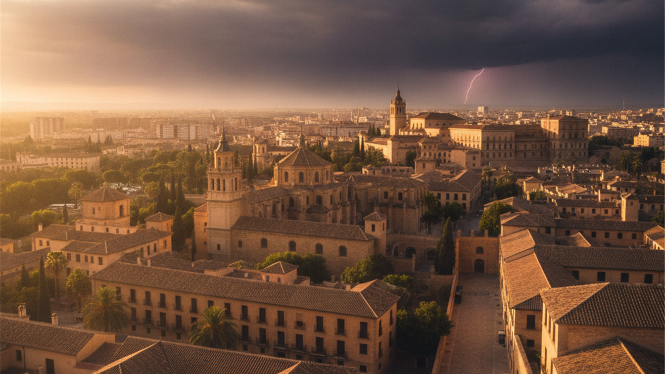 Ciudad espanola bajo calor extremo con tormenta acercandose en el horizonte