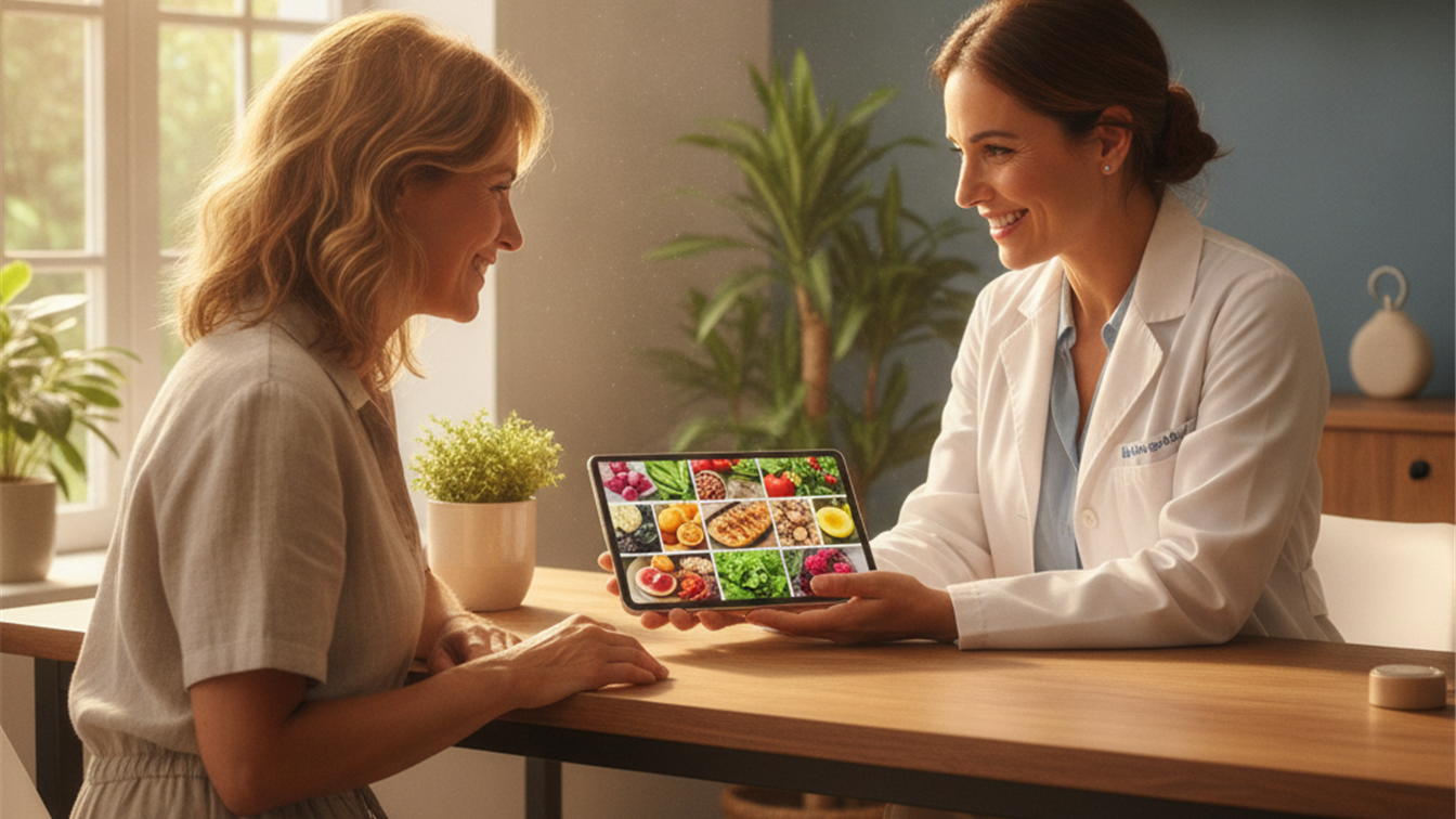 Consulta de nutricion con tablet de alimentos saludables