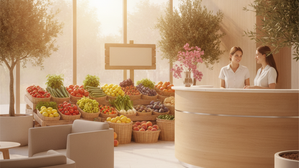 Centro de salud y mercado de frutas y verduras en España
