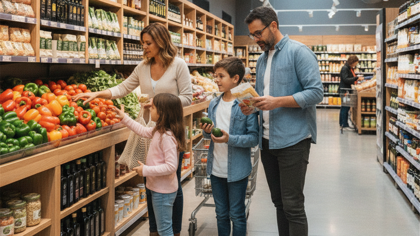 Familia haciendo la compra saludable en supermercado en España