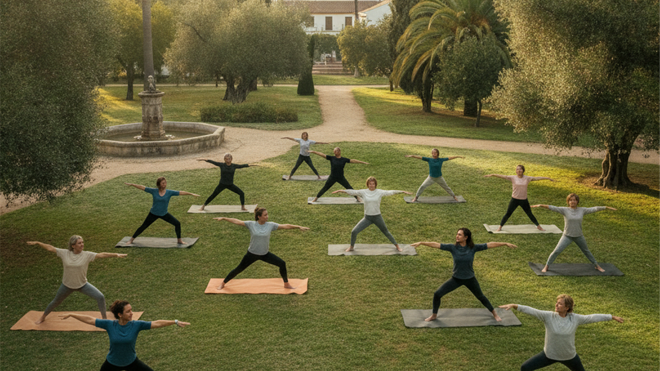 Grupo haciendo ejercicio al aire libre por la mañana en España