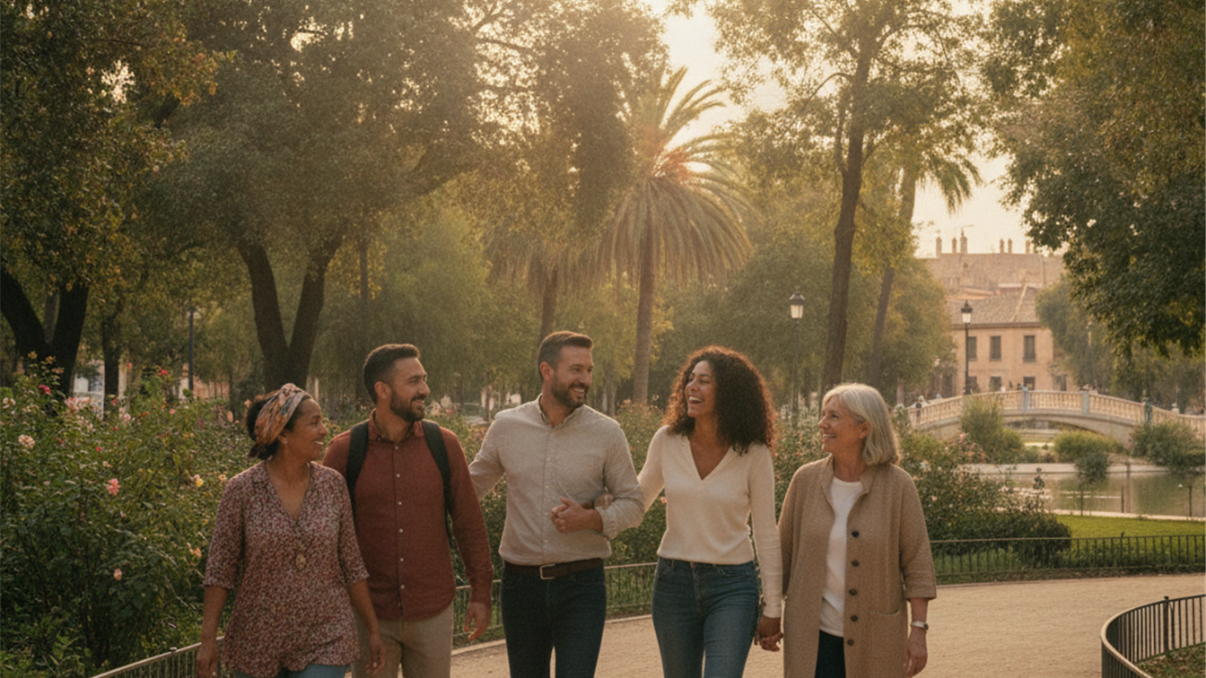 Grupo de adultos espanoles caminando y conversando en un parque urbano