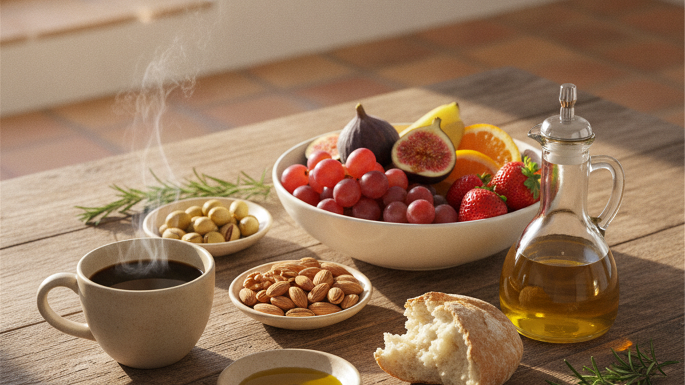 Desayuno mediterraneo con cafe, fruta fresca y frutos secos sobre una mesa de madera